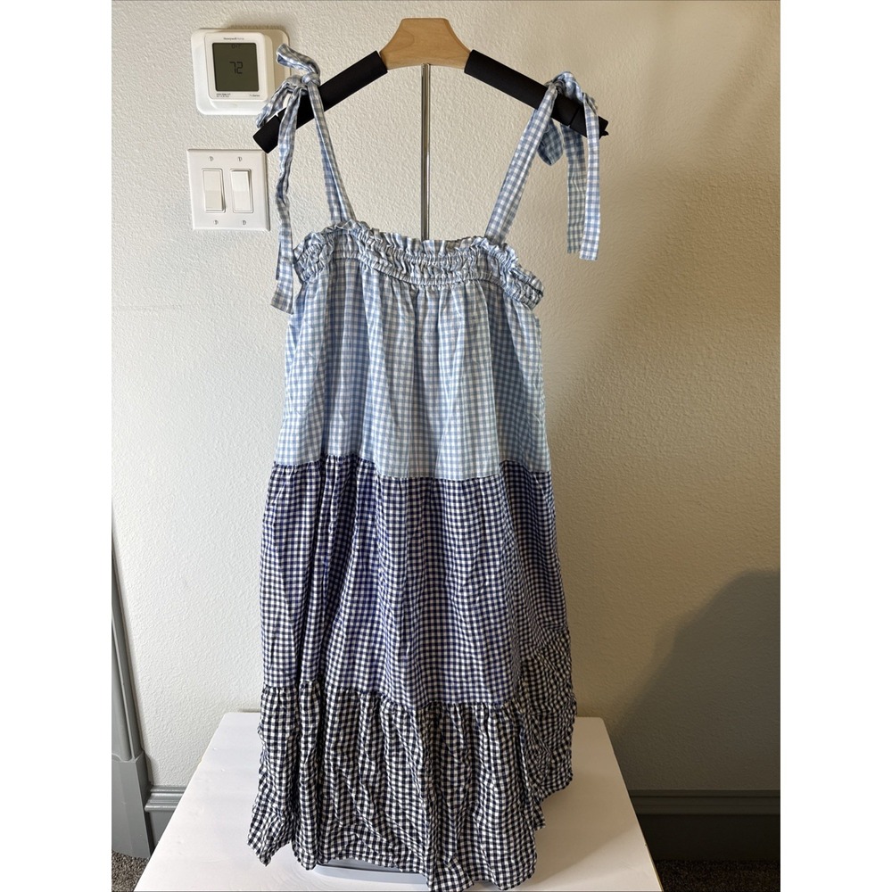 Entro Women's Peasant Dress‎ Blue/Black Gingham Tiered Ruffles Size L